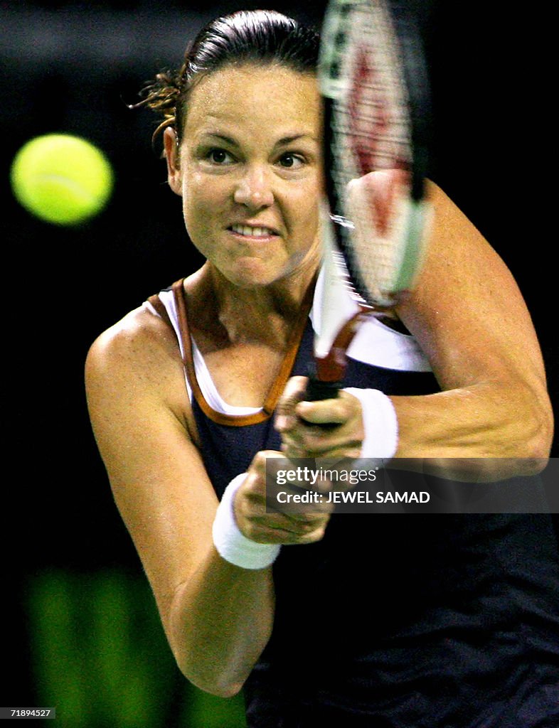Lindsay Davenport of the US hits a backhand against Hana Sromova of