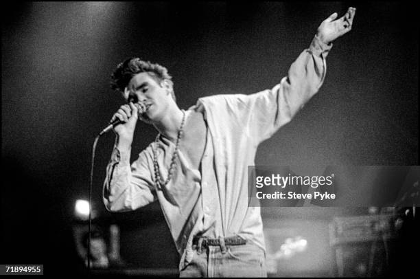 British singer Morrisey performing with his indie band The Smiths, mid 1980s.