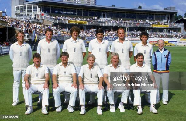 The England cricket team at Edgebaston during the 5th Test in the Ashes series, August 1985. Front row, left to right: Allan Lamb, Mike Gatting,...