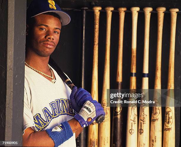 Ken Griffey Jr. #24 of the Seattle Mariners in the dugout before a game against the Baltimore Orioles at Memorial Stadium.