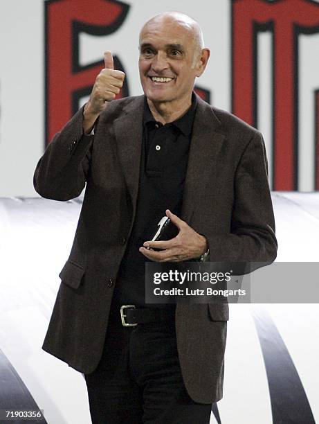 Martin Kind, President of Hannover 96, smiles after the Bundesliga match between VFL Wolfsburg and Hanover 96 at the Volkswagen Arena on September...