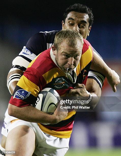 Tom Willis of Waikato is tackled by Andrew Blowers of Auckland during the Air New Zealand Cup match between Auckland and Waikato at Eden Park...