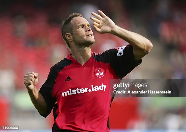 Jan Polak of Nuremberg celebrates scoring the second goal during the Bundesliga match between 1.FC Nuremberg and VFL Bochum at the EasyCredit stadium...