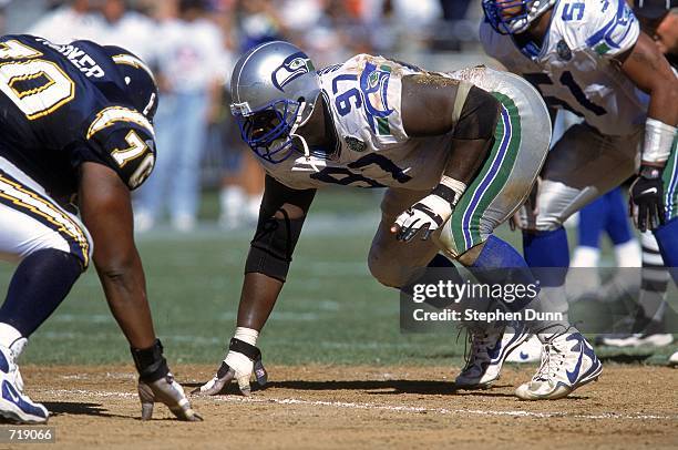 Riddick Parker of the Seattle Seahawks gets ready to move at the hike during the game against the San Diego Chargers at Qualcomm Stadium in San...