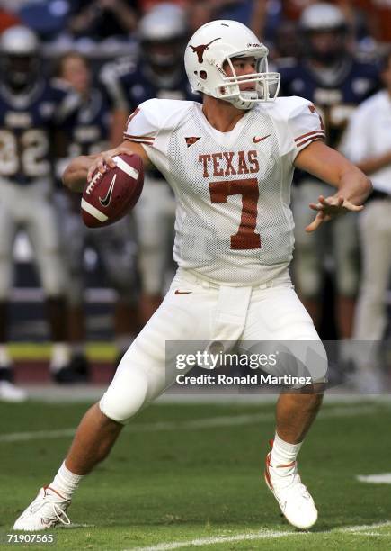 Quarterback Jevan Snead of the Texas Longhorns drops back to pass against the Rice Owls on September 16, 2006 at Reliant Stadium in Houston, Texas.