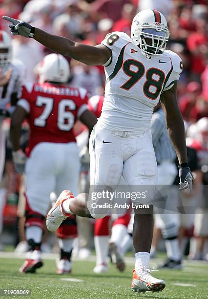 Baraka Atkins of the Miami Hurricanes celebrates a fumble recovery against the Louisville Cardinals during the game at Papa John's Stadium on...