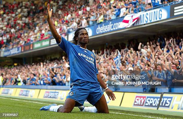Chelsea's Ivorian striker Didier Drogba celebrates after scoring against Liverpool during their Premeirship game at Stamford Bridge, London, 17...