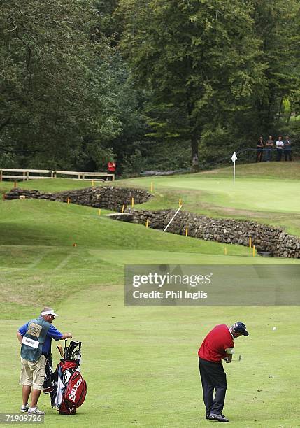 Carl Mason of England in action on the 5th hole during the final round of the Midas Group English Seniors Open played over the St Mellion...