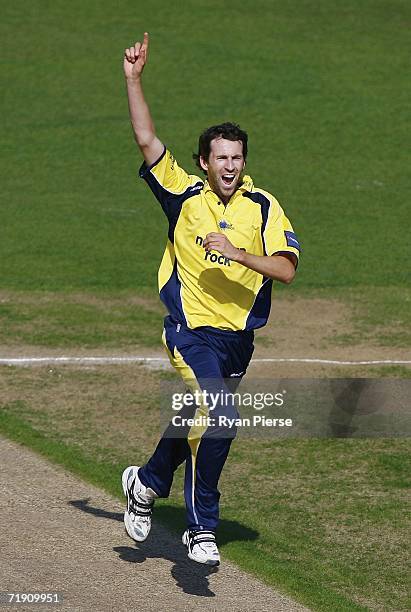 Graham Onions of Durham celebrates after claiming the wicket of Andy Bichel of Essex during the Natwest Pro 40 game between the Durham Dynamos and...