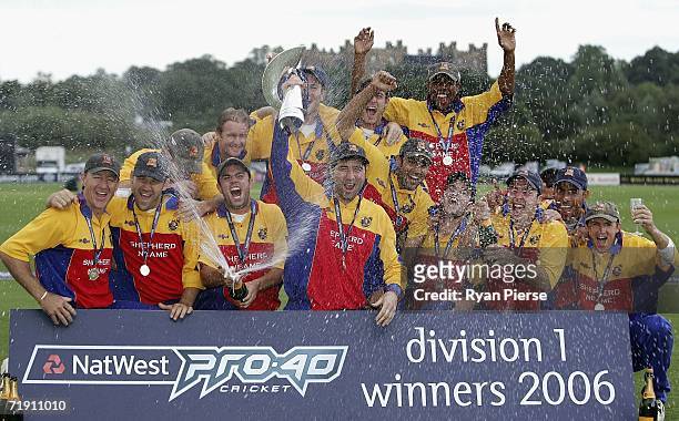 The Essex Eagles team pose for a team photo after they were crowned League Champions after the Natwest Pro 40 game between the Durham Dynamos and the...