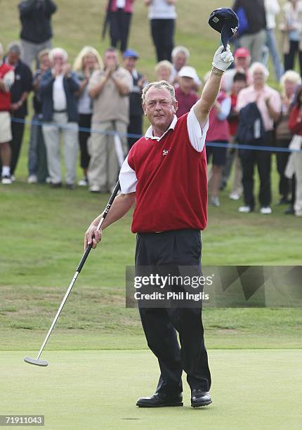 Carl Mason of England salutes the crowd after the final round of the Midas Group English Seniors Open played over the St Mellion International...