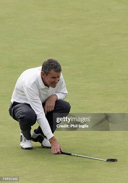 Peter Barber of England in action on the 18th hole during the final round of the Midas Group English Seniors Open played over the St Mellion...