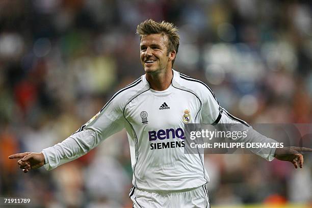 Real Madrid's David Beckham jubilates after his goal during the Spanish league match Real Madrid/ Real sociedad at the Santiago Bernabeu Stadium in...