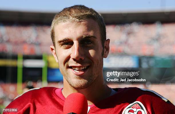 Alex Smith of the San Francisco 49ers speaks with reporters after the NFL game against the St Louis Rams at Monster Park on September 17, 2006 in San...