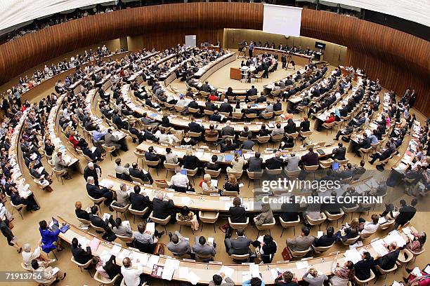 The meeting room holding the second session of the Human Rights Council is seen 18 September 2006 at the United Nations Office in Geneva. UN...