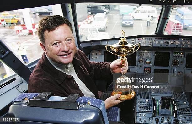 European Ryder Cup Captain Ian Woosnam sits in the cockpit with the Ryder Cup after arriving at Dublin Airport on September 18, 2006 in Dublin,...