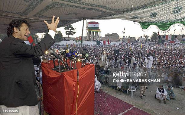Pakistani cricketer turned politician Imran Khan addresses a public rally in Quetta, 18 September 2006. The public meeting was organized by...