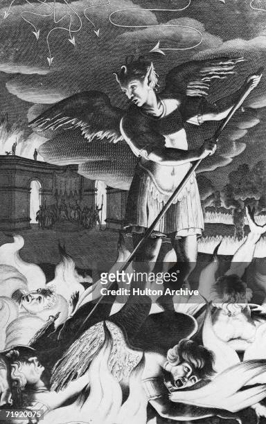 Banished from Heaven, Satan rouses his rebel angels from the fiery pool in 'bottomless perdition', in an illustration from Book I of the 1688 first...