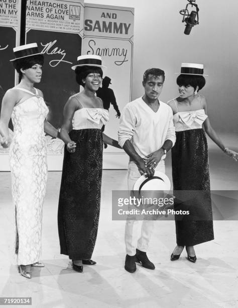 Motown girl group The Supremes appearing with Sammy Davis Jr on a television special, early 1960s.