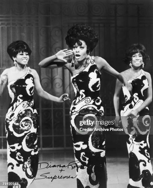 Motown girl group The Supremes performing mid 1960s, from left to right, Cindy Birdsong, Diana Ross and Mary Wilson.
