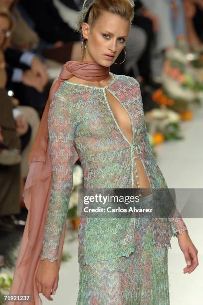 Model walks down the runway at the Francis Montesinos fashion show as part of Madrid Cibeles Fashion Week Spring/Summer 2007 at Retiro Park on...