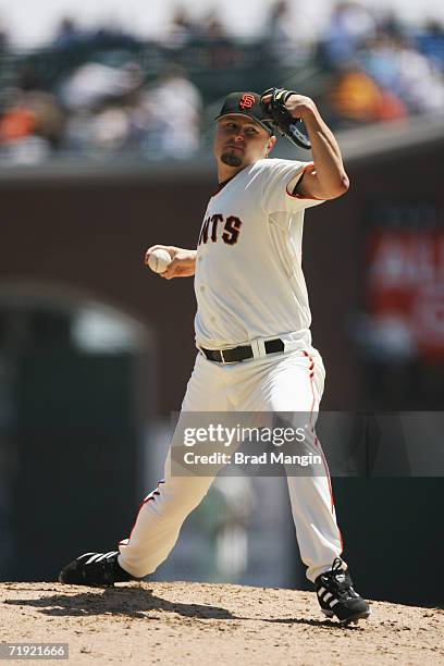 Jason Schmidt of the San Francisco Giants pitches during the game against the Arizona Diamondbacks at AT&T Park in San Francisco, California on...