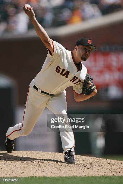 Jason Schmidt of the San Francisco Giants pitches during the game against the Arizona Diamondbacks at AT&T Park in San Francisco, California on...