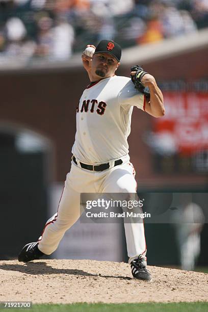 Jason Schmidt of the San Francisco Giants pitches during the game against the Arizona Diamondbacks at AT&T Park in San Francisco, California on...