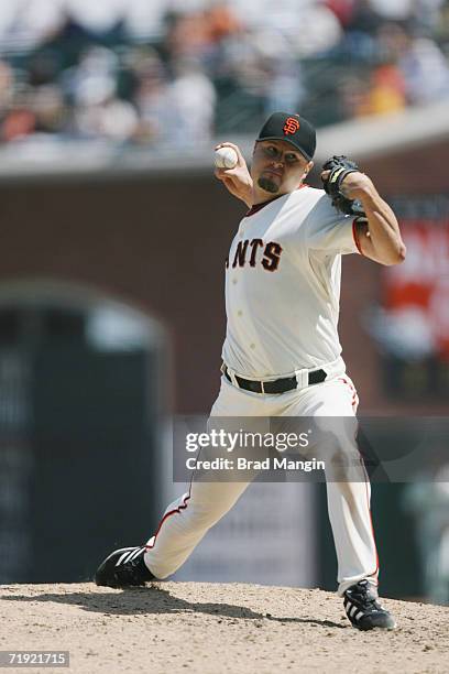 Jason Schmidt of the San Francisco Giants pitches during the game against the Arizona Diamondbacks at AT&T Park in San Francisco, California on...