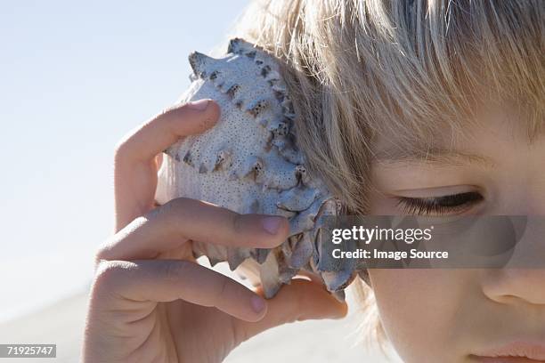 boy holding shell to ear - conch shell 個照片及圖片檔