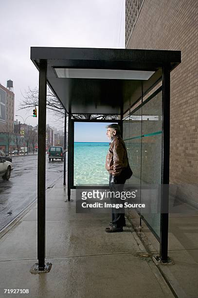 man standing in bus shelter - bus shelter ストックフォトと画像
