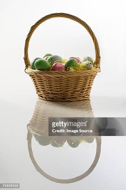 basket of colourful eggs - easter eggs basket stock-fotos und bilder