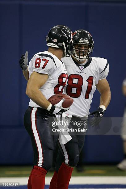 Tight end tight end Owen Daniels of the Houston Texans celebrates a touchdown by tight end Mark Bruener during the game against the Indianapolis...