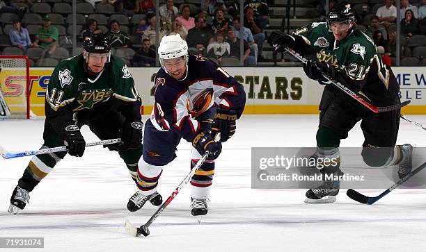 Center Jason Krog of the Atlanta Thrashers is shown in action during a preseason game against the Dallas Stars at the American Airlines Center on...