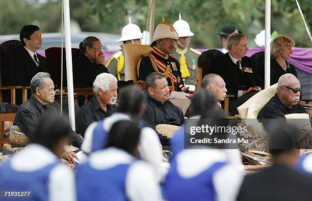 King George Tupou V sits with his Mother, Queen Halaevalu Mata'aho , Crown Prince Naruhito of Japan and The Duke and Duchess of Gloucester at the...