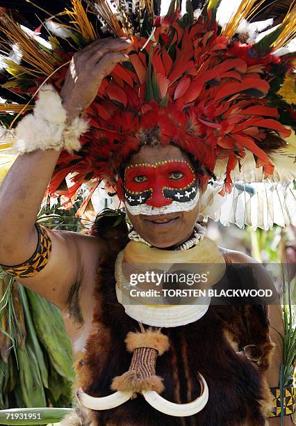 Goroka, PAPUA NEW GUINEA: A Kukulka Amps woman re-attaches a bird of paradise feather after performing in the 50th Goroka singsing in what is...