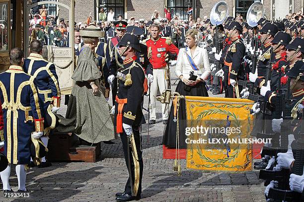 Den Haag, NETHERLANDS: The Netherlands' Queen Beatrix, Princess Maxima and Crown Prince Willem-Alexander arrive at the Ridderzaal in the Hague, where...