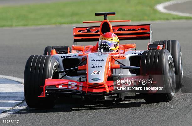 Adrian Valles of Spain drives the new Spyker F1 car during Formula one testing at Silverstone Circuit on September 19 2006 at Silverstone, England