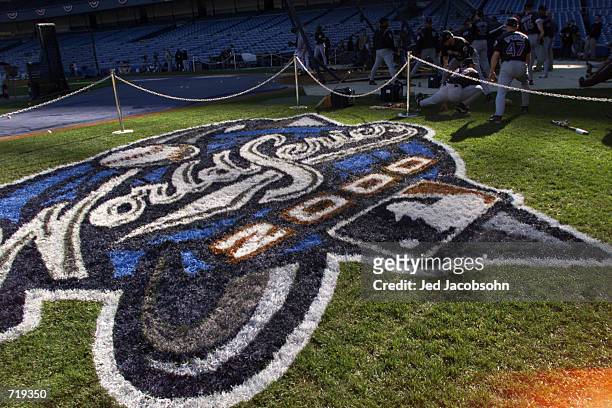 The World Series logo painted on the field the day before game 1 of the World Series between the New York Mets and the New York Yankees at Yankee...