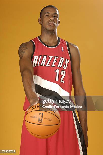 LaMarcus Aldridge of the Portland Trail Blazers poses for a portrait during the 2006 NBA Rookie Photo Shoot on August 14, 2006 at the MSG Training...