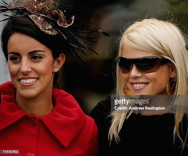 Elin Woods wife of Tiger Woods, and Diane Antonopoulos fiancee of Luke Donald, pose for a photograph during the Ryder Cup Wives Race Day at The...