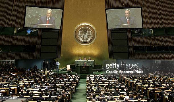 President George W. Bush addresses the United Nations General Assembly at the UN September 19, 2006 in New York City. The annual conference at the...