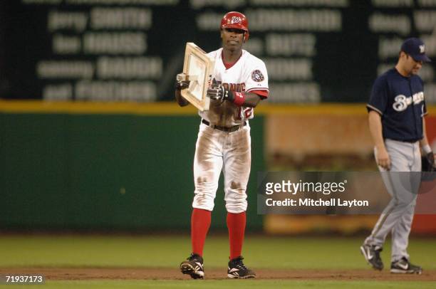 Alfonso Soriano of the Washington Nationals, steals his 40th base to become only the fourth player in baseball to hit 40 home runs and steal 40 bases...