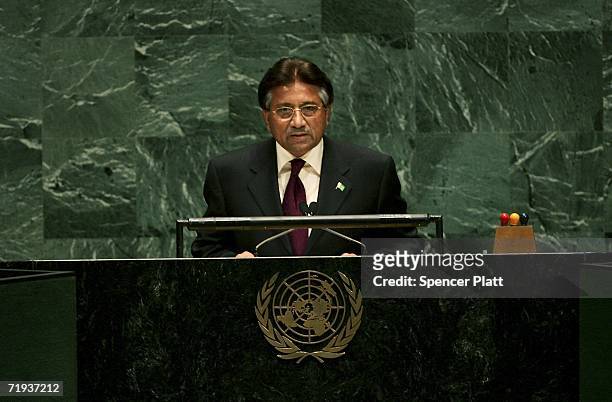 Pakistan`s President Pervez Musharraf addresses the United Nations General Assembly at the UN September 19, 2006 in New York City. The annual...