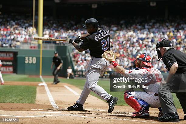 Carlos Delgado of the New York Mets batting during the game against the Philadelphia Phillies at Citizens Bank Park in Philadelphia, Pennsylvania on...