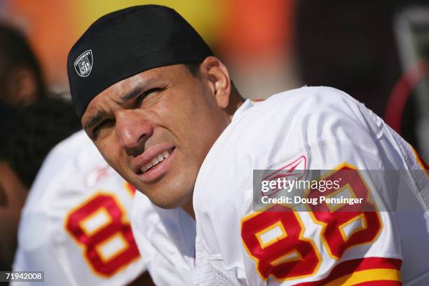 Tight end Tony Gonzalez of the Kansas City Chiefs looks on during the game against the Denver Broncos at INVESCO Field at Mile High on September 17,...