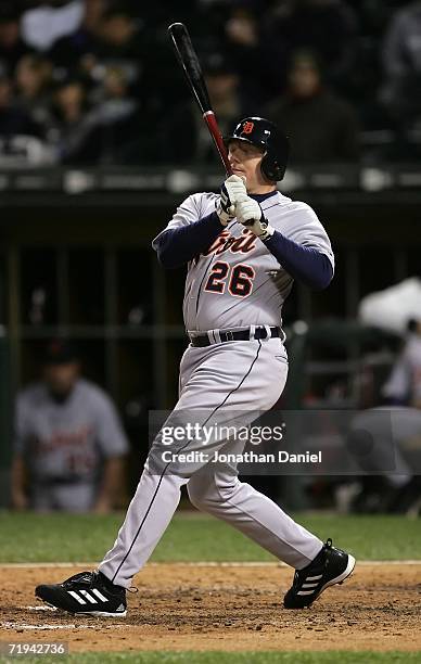 Chris Shelton of the Detroit Tigers grimices as strikes out for the second out in the top of the ninth inning against the Chicago White Sox September...