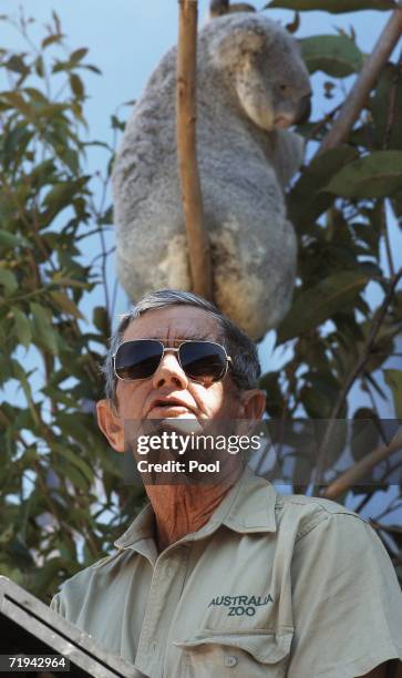 Bob Irwin speaks during the memorial service for his son, Australian environmentalist and television personality Steve Irwin at Australia Zoo...