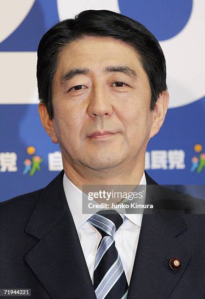 Newly elected Liberal Democratic Party President Shinzo Abe speaks during a press conference after the presidential election, at the LDP headquarters...