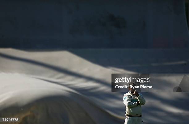 Shane Warne of Hampshire looks on while fielding during day one of the Liverpool Victoria Insurance County Championship match between Hampshire and...